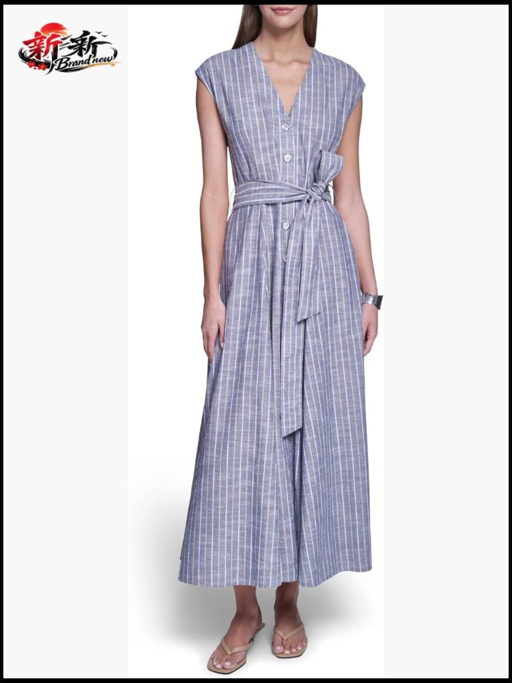 Cotton Sleeveless Striped Maxi Shirt Dress with Belt